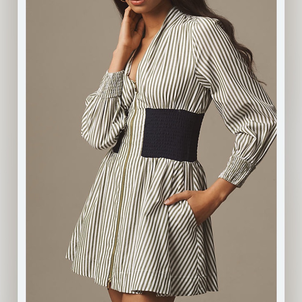 *NWT* Anthropologie Striped Mini Dress XS Olive Green Zip Front Smocked Waist